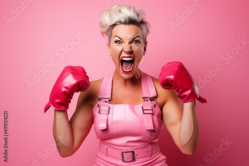 A Fight for Breast Cancer woman with symbol on pink background photo
