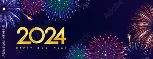 Happy new year 2024 with fireworks background  photo
