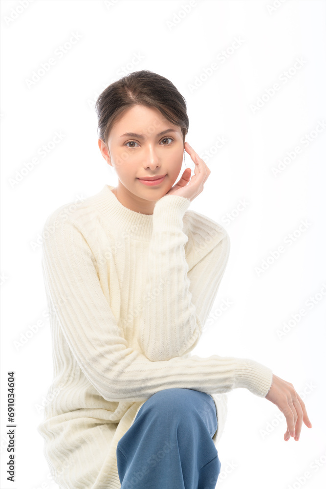 A portrait of young beautiful woman face with smooth healthy skin on white background , Skincare concept A portrait of young beautiful woman face with smooth healthy skin on white background , Skincare concept