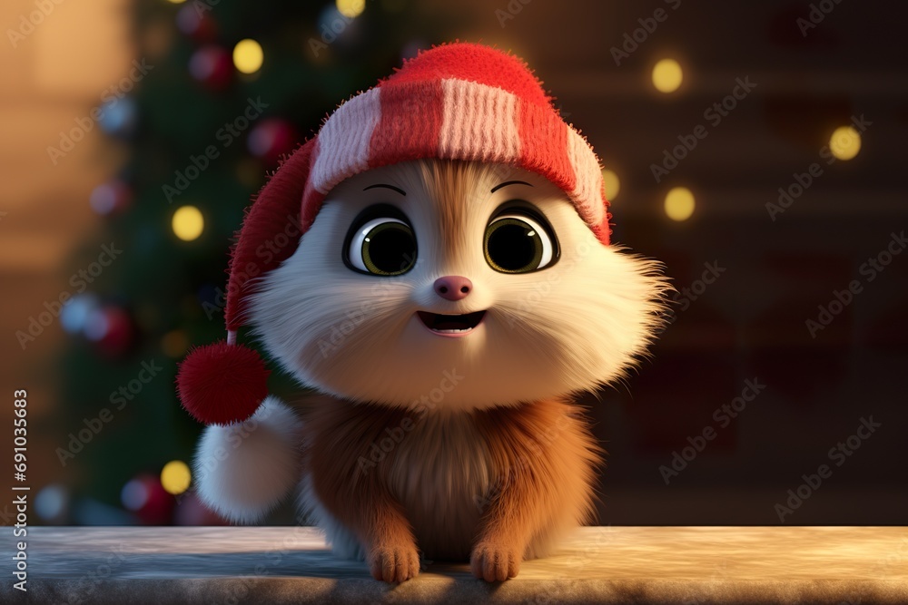 3D cartoon, stunning Christmas, cute, funny, ultra stunning, full body shot, realistic eyes, realistic fur
