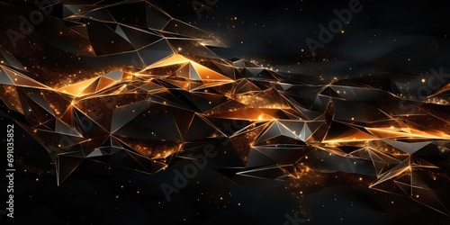 Abstract cosmic geometric luminous sparkling wallpaper background texture with gold, black and white touches. Great as luxury product advertisement banner or celebration postcard. © Merilno