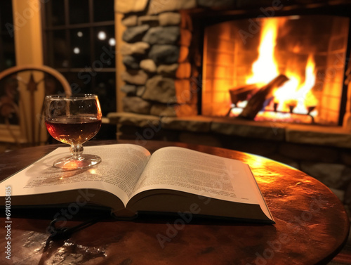 A person enjoying a relaxing moment by a cozy fireplace, immersed in a good book. © Szalai