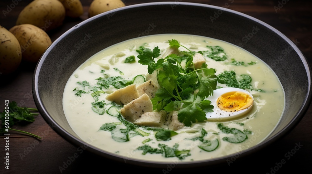 Delve into the heartiness of Ajiaco, a renowned chicken and potato soup from Bogotá, uniquely flavored with guascas and traditionally served with capers and cream. Delve into the heartiness of Ajiaco, a renowned chicken and potato soup from Bogotá, uniquely flavored with guascas and traditionally served with capers and cream.
