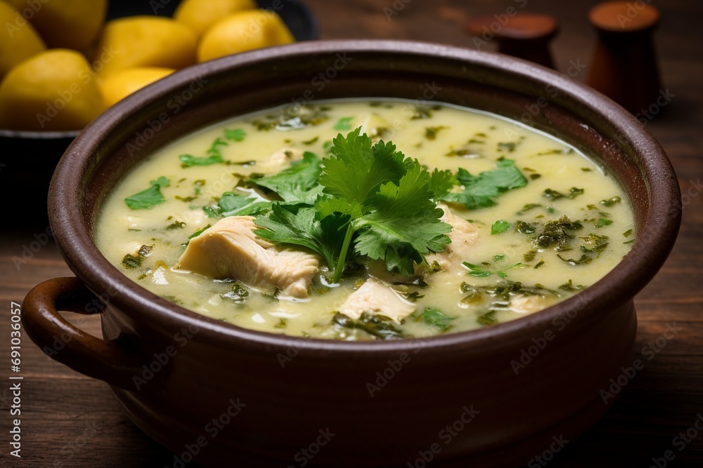 Delve into the heartiness of Ajiaco, a renowned chicken and potato soup from Bogotá, uniquely flavored with guascas and traditionally served with capers and cream. Delve into the heartiness of Ajiaco, a renowned chicken and potato soup from Bogotá, uniquely flavored with guascas and traditionally served with capers and cream.