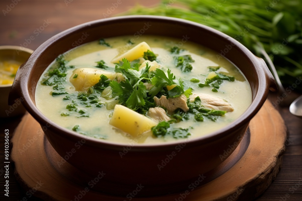 Delve into the heartiness of Ajiaco, a renowned chicken and potato soup from Bogotá, uniquely flavored with guascas and traditionally served with capers and cream.