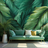 A room with a sofa on a background of wallpaper with green bright palm leaves.