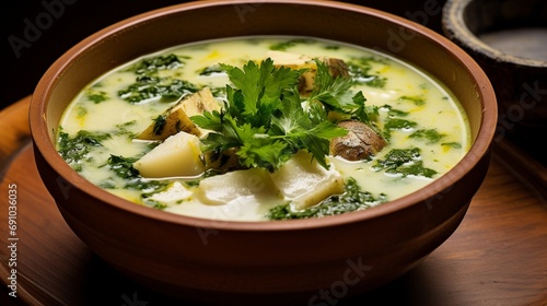 Delve into the heartiness of Ajiaco, a renowned chicken and potato soup from Bogotá, uniquely flavored with guascas and traditionally served with capers and cream. photo