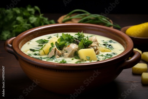 Delve into the heartiness of Ajiaco, a renowned chicken and potato soup from Bogotá, uniquely flavored with guascas and traditionally served with capers and cream. photo