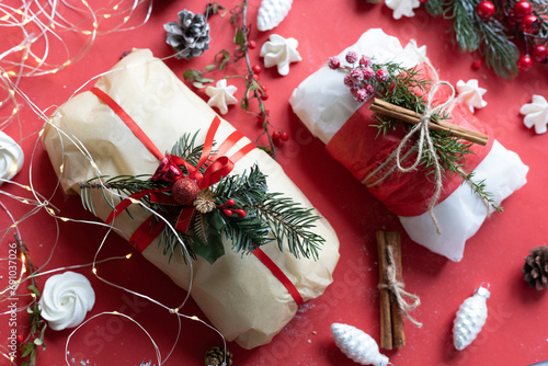 Christmas stollen on a red background