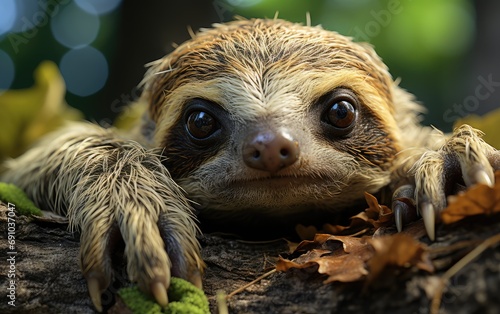 The portrait of brown-throated sloth (Bradypus variegatus) is a species of three-toed sloth found in the Neotropical realm of Central and South America. Close up. photo