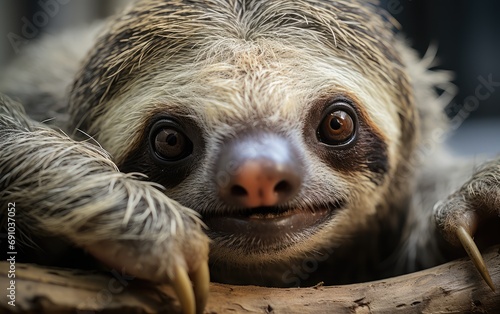 The portrait of brown-throated sloth (Bradypus variegatus) is a species of three-toed sloth found in the Neotropical realm of Central and South America. Close up. photo