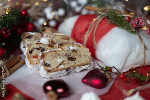 Christmas stollen on a plate with decorations