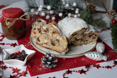 Christmas stollen on a plate with decorations