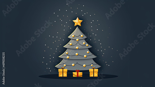 Christmas tree with presents underneath on dark grey background, sticker style, cute drawing