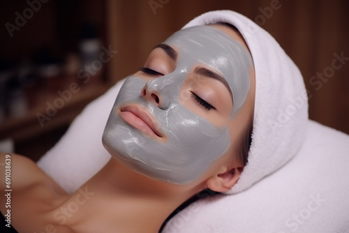 Woman relaxing with a charcoal facial mask. A charming young girl enjoys rejuvenating treatments.