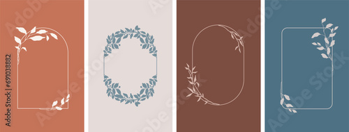 Elegant frames with hand drawn silhouettes of flowers and leaves, design templates in line style. Vector floral backgrounds for wedding invitation, greeting card, label, corporate identity