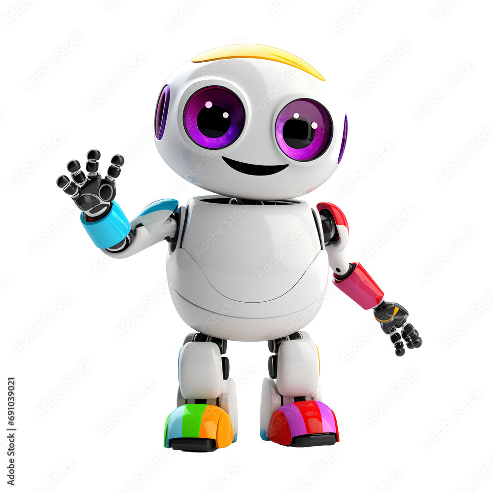 Android robot smiling and waving to greet humans on PNG transparent background for technology projects.