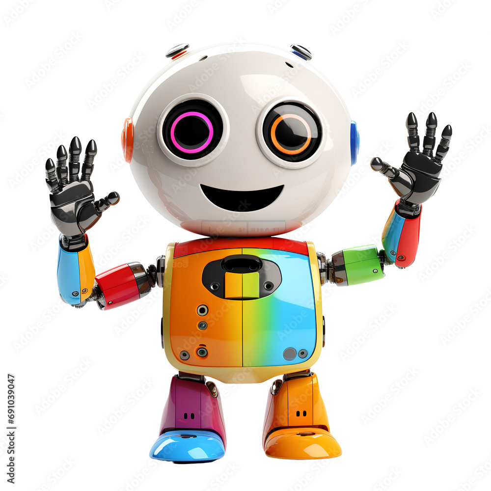 Android robot smiling and waving to greet humans on PNG transparent background for technology projects.
