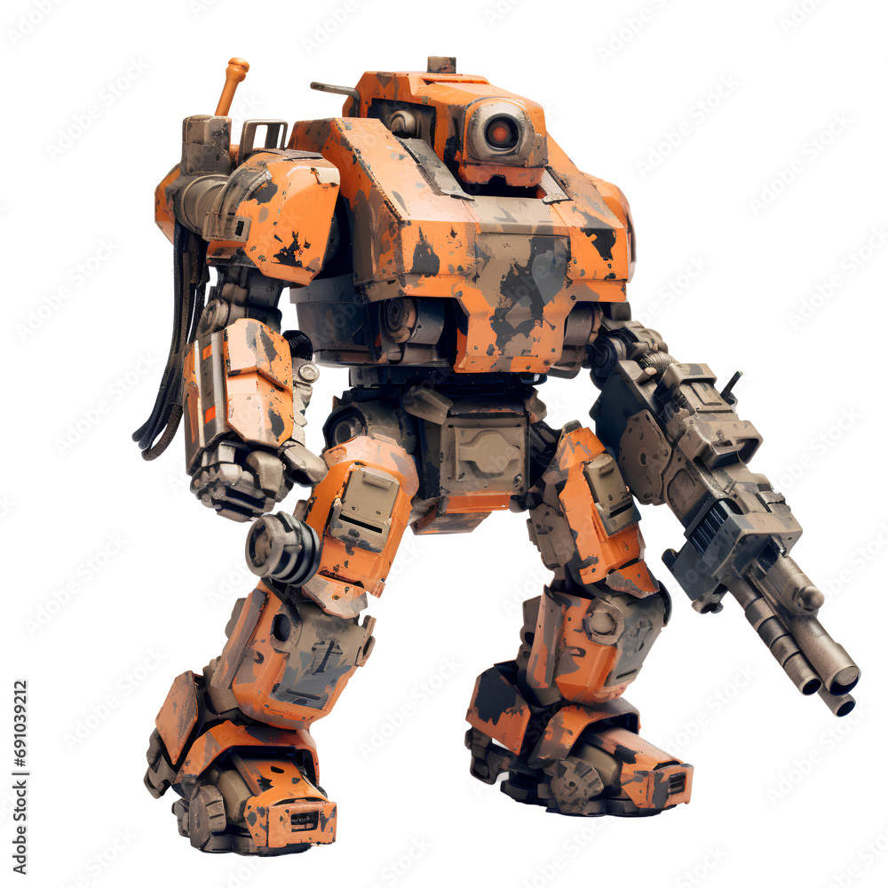 Robots for use in war on transparent background PNG. Future robot war concept.