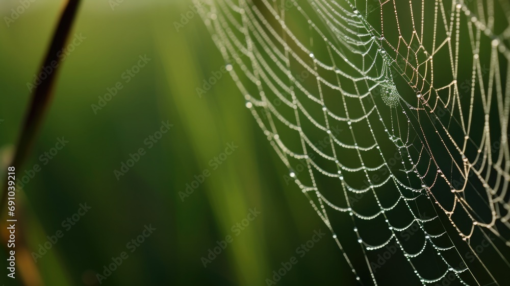 Macro shot of a spider web with dew, blurred green background early in the morning