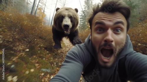 A male taking selfie with bear. The surprised man is running, Lion chasing the man. Wild animals.