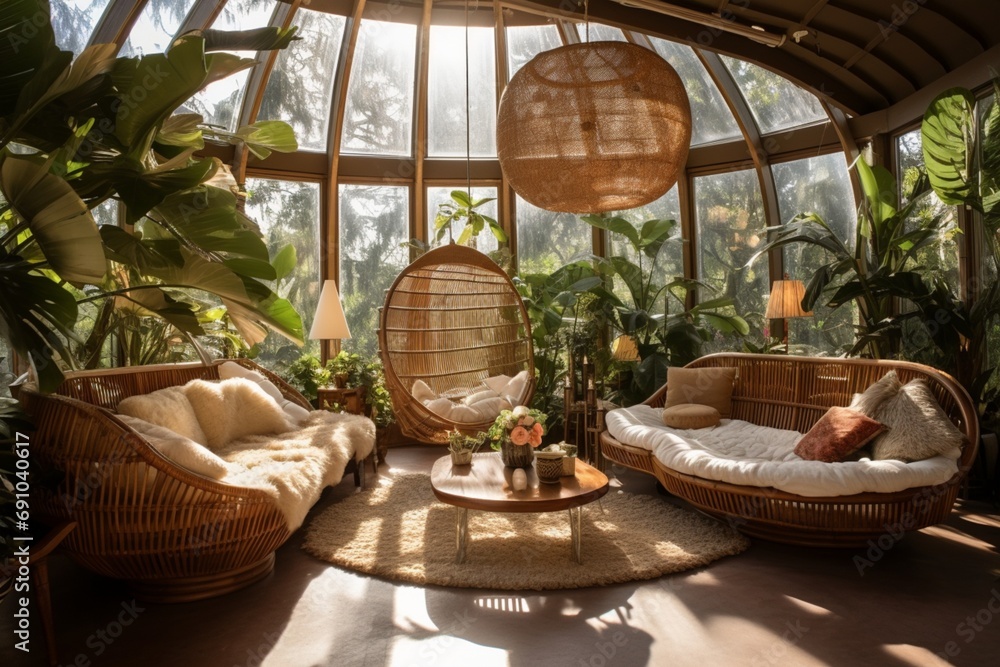 A tropical-themed sunroom with rattan furniture, a hammock, and large palm plants.