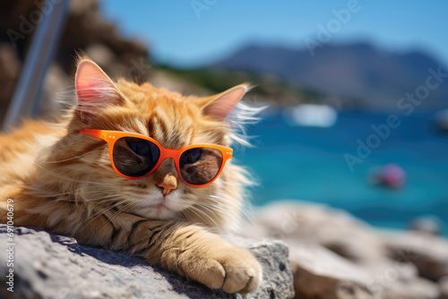 Cat wearing sunglasses on the beach at the resort
