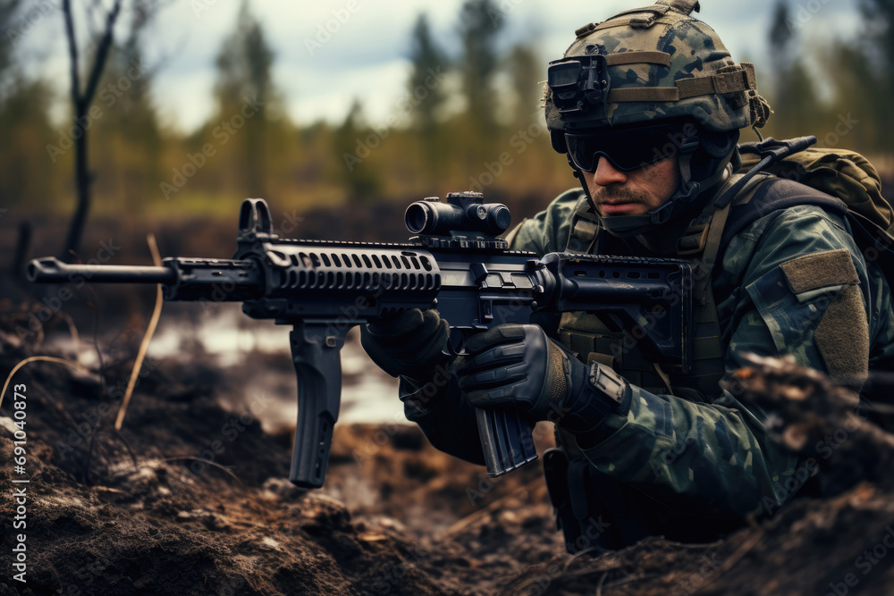 Portrait of a fighter of a special unit shoots from a machine gun or rifle Portrait of a fighter of a special unit shoots from a machine gun or rifle