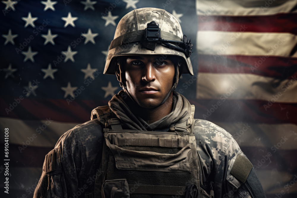 Soldier in army uniform against the background of the American flag Soldier in army uniform against the background of the American flag