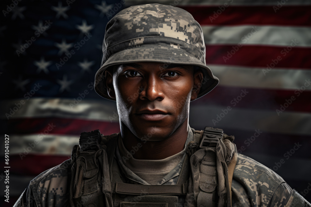Soldier in army uniform against the background of the American flag Soldier in army uniform against the background of the American flag