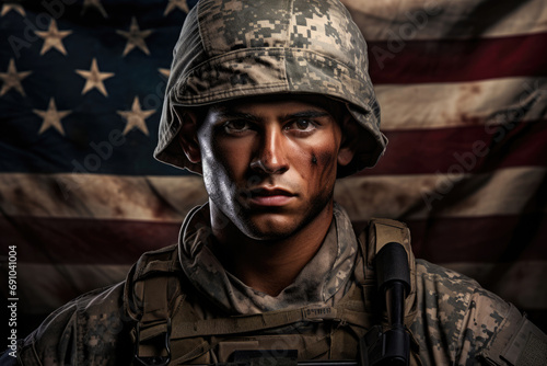 Soldier in army uniform against the background of the American flag