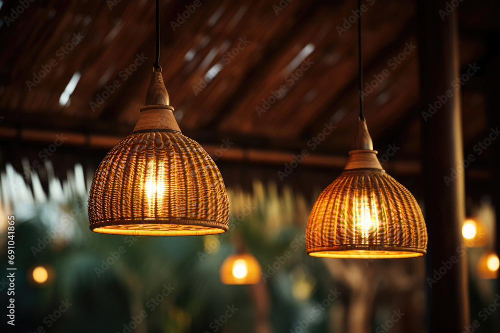 Obraz premium Stylish wicker rattan lamp in the interior