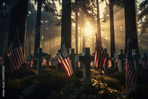 Military cemetery with American flags photo