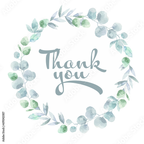Elegant Watercolor Eucalyptus Thank You Card Design. Thank you floral wreath. Thank you handwritten green sign. Thank you floral watercolor wreath.  