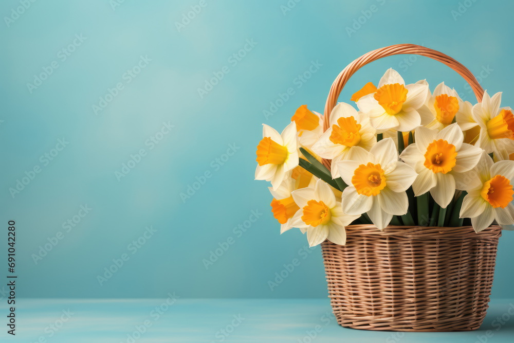 Bouquet of daffodils in a wicker basket. Place for text
