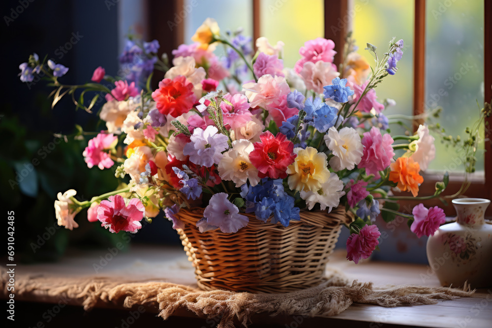 bouquet of colored flowers in wicker basket on the windowsill bouquet of colored flowers in wicker basket on the windowsill
