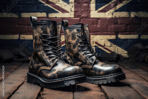 Photo Flag of United Kingdom and military boots, war concept
