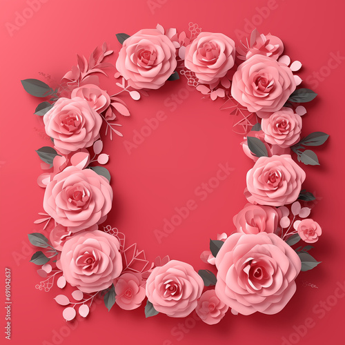 pink buds of roses flowers with leaves floral composition frame border on red background with copy space