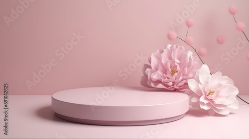 3D display podium pastel pink flower background. Peony blossom falling down. Nature minimal pedestal for beauty  cosmetic product presentation. Valentine  feminine copy space template 