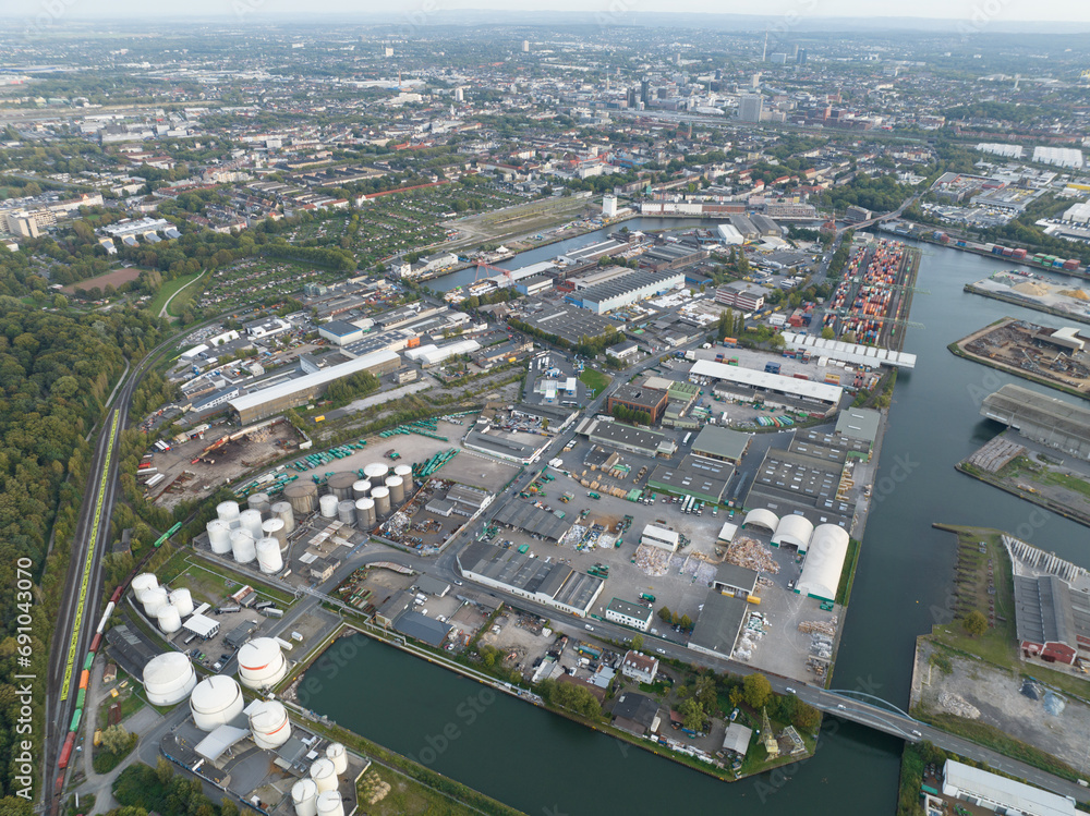 Aerial drone view on the industiral port of Dortmund, Germany.