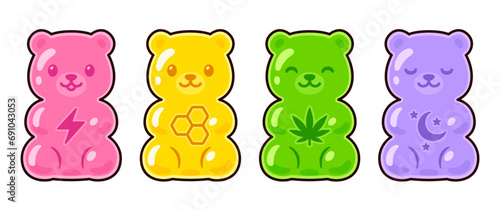 Cute cartoon supplement gummy bear drawing set. Energy, multivitamin, CBD edible, melatonin. Vector clip art Illustration.