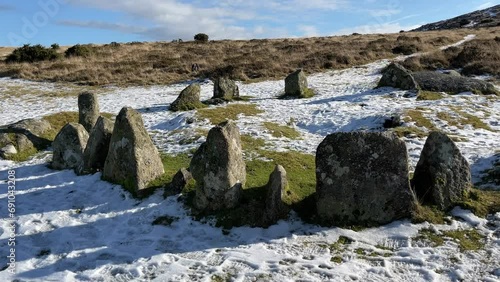 Landscape with snow covered mountains, stone cirle in Dartmoor photo