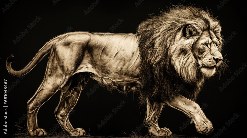 Fototapeta premium A rare golden lion, whose fur is shining with golden light, and some mysterious tattoos on its body, gives Chinese people a mysterious and incredible feeling, black and white sketch, Pre Historic