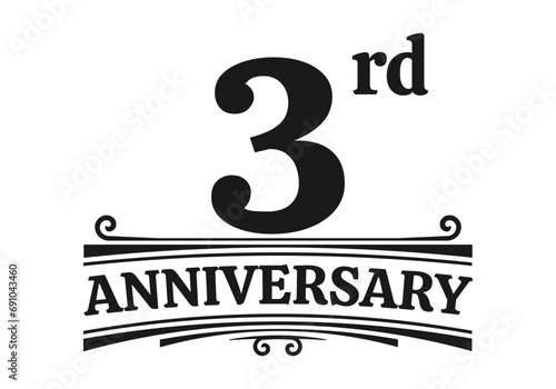 3 years anniversary logo, icon or badge. 3rd birthday, jubilee celebration, wedding, invitation card design element. Vector illustration.
