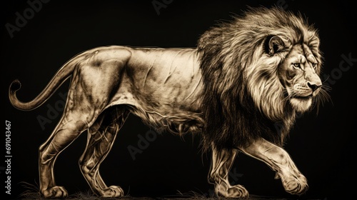 A rare golden lion  whose fur is shining with golden light  and some mysterious tattoos on its body  gives Chinese people a mysterious and incredible feeling  black and white sketch  Pre Historic