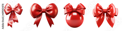 Set of red ribbon bow and bauble. Isolated on a transparent background.	