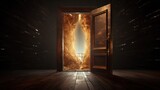A surreal depiction of a door open into reality, photography, gold, silver, copper, taken with a Fujifilm X100V camera