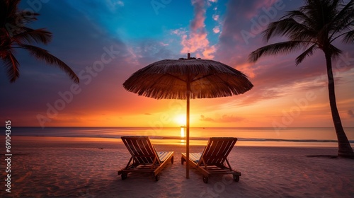 Tranquil Beach Sunset: Idyllic Vacation Spot with Palm Trees and Umbrella generated by AI tool