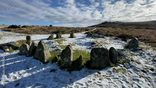 Landscape with snow covered mountains, stone cirle in Dartmoor photo