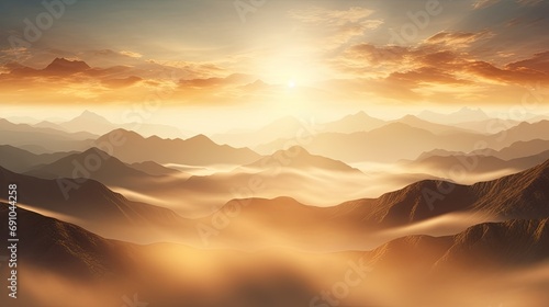 Foggy mountain sunrise. Generative AI